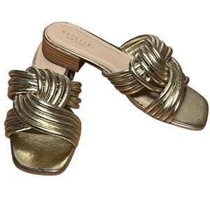 Cecelia New York Liv Metallic Knot Detail Block Heel Slide Sandals — Size 8